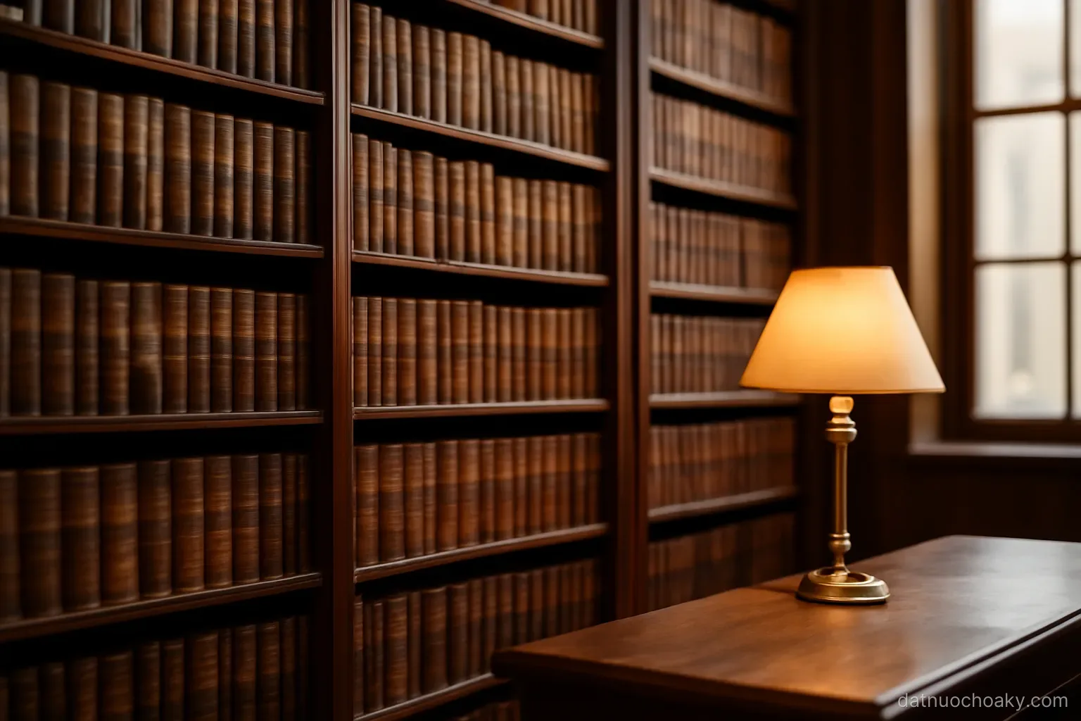 tall wooden shelves packed with uniform leather-bound volumes in a quiet law library, warm reading lamp
