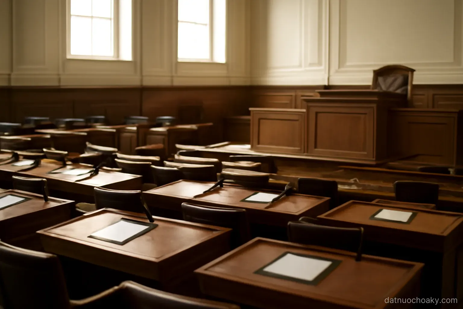 empty legislative chamber with tiered wooden desks and a raised rostrum, soft daylight from high windows