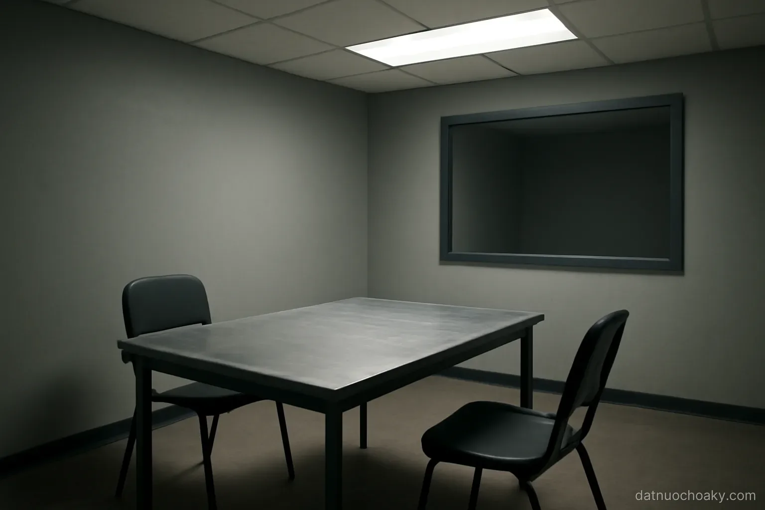 a bare interview room with a metal table, two chairs and a one way mirror panel, cold overhead lighting