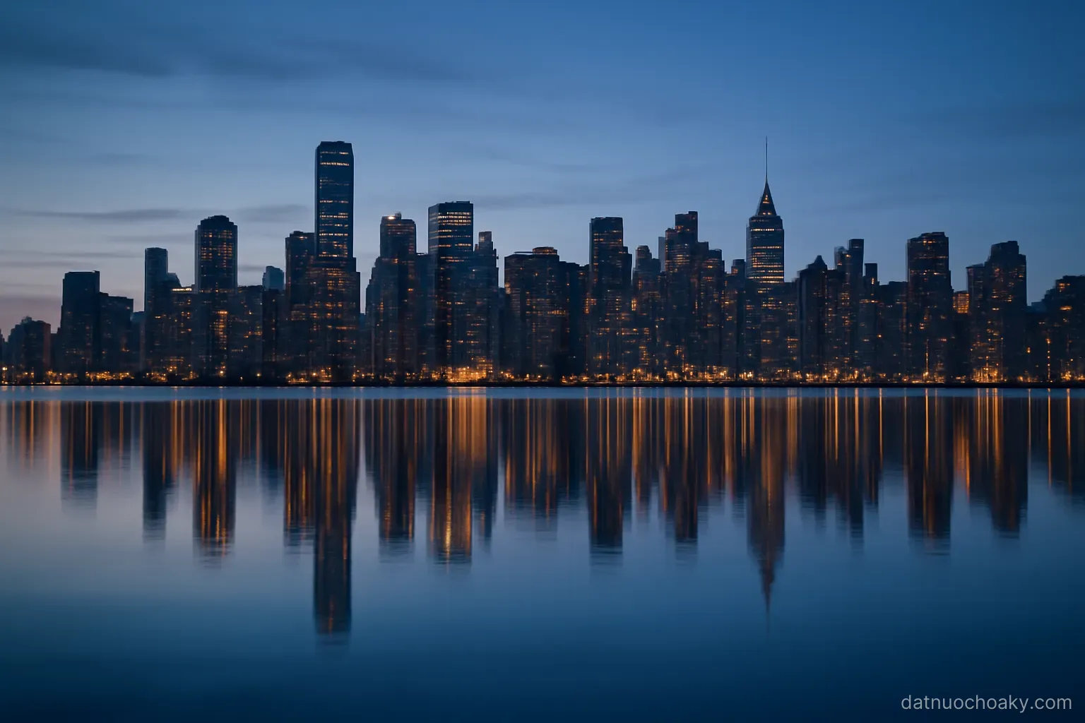 a dense city skyline reflected in calm water at blue hour, no recognisable signage, distant view