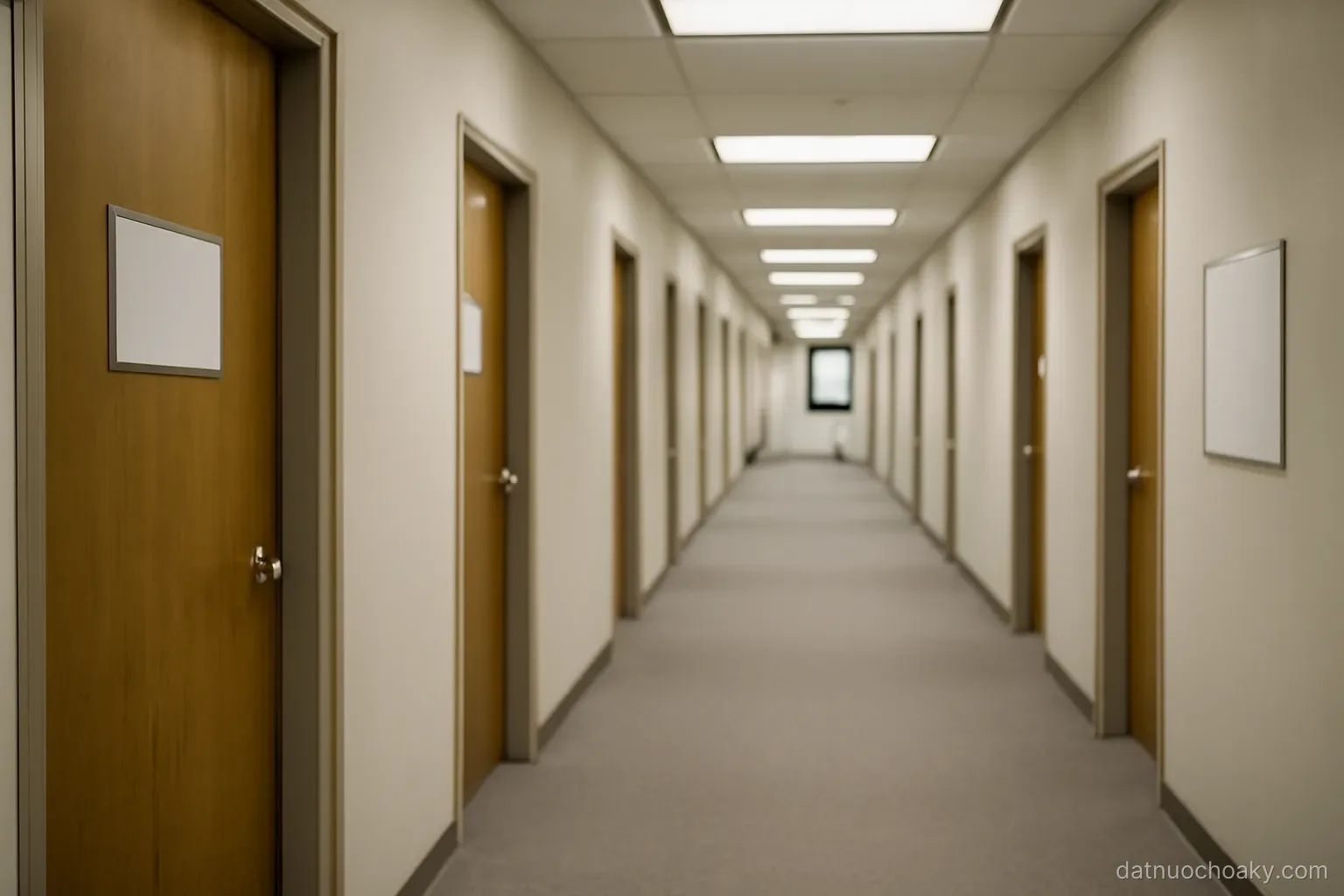 long corridor inside a large government office building with rows of identical closed doors, fluorescent lighting