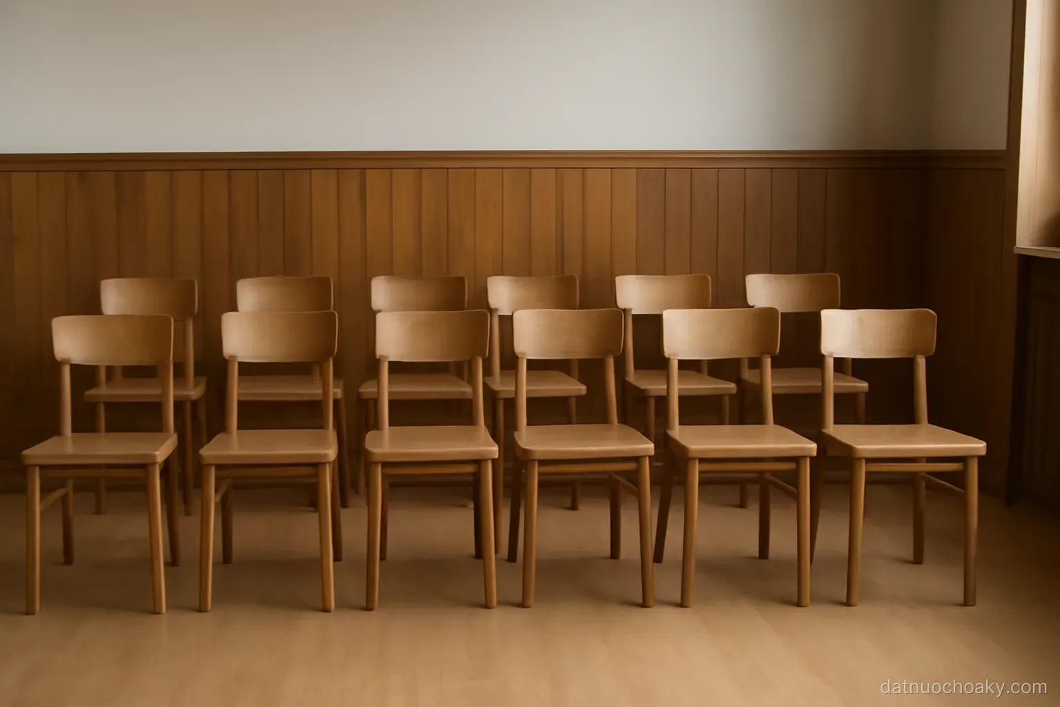 twelve empty chairs arranged in two rows inside a wood panelled room, plain walls, even indoor light