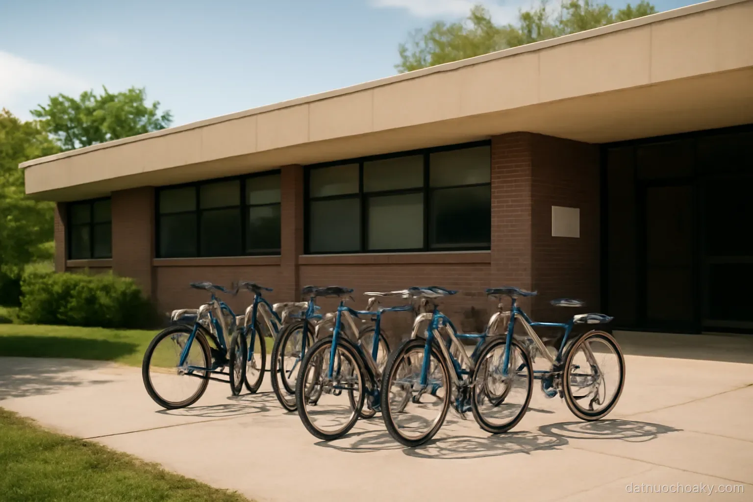 a low rise campus building with a bicycle rack out front and students bikes parked, no people, midday