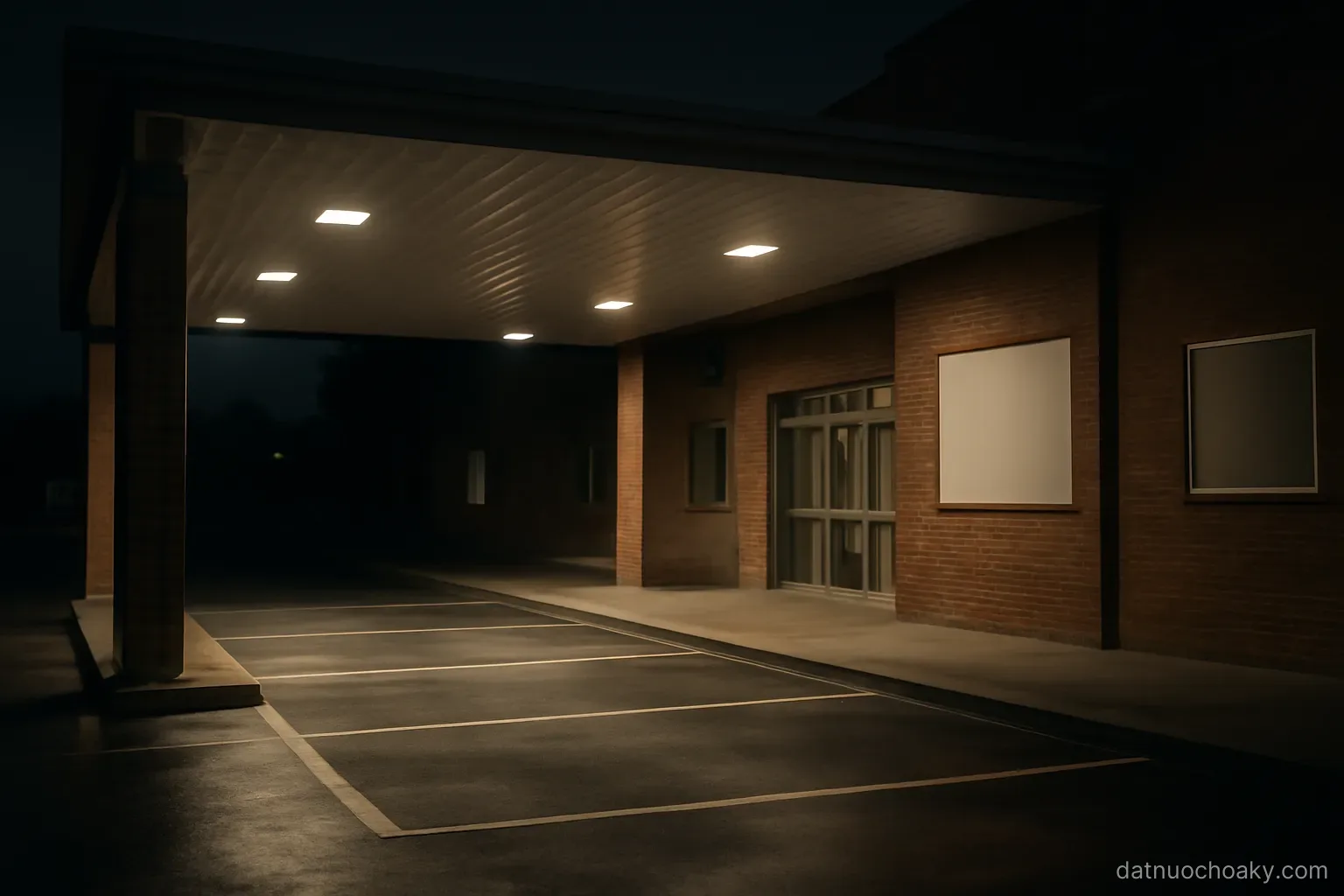 an ambulance bay entrance at night with a covered canopy and empty parking spaces, lights on overhead
