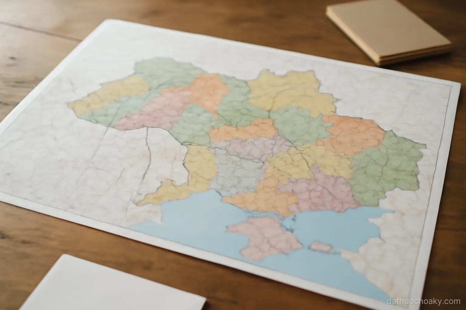 a large paper map of a country divided into coloured regions spread across a wooden table, overhead view