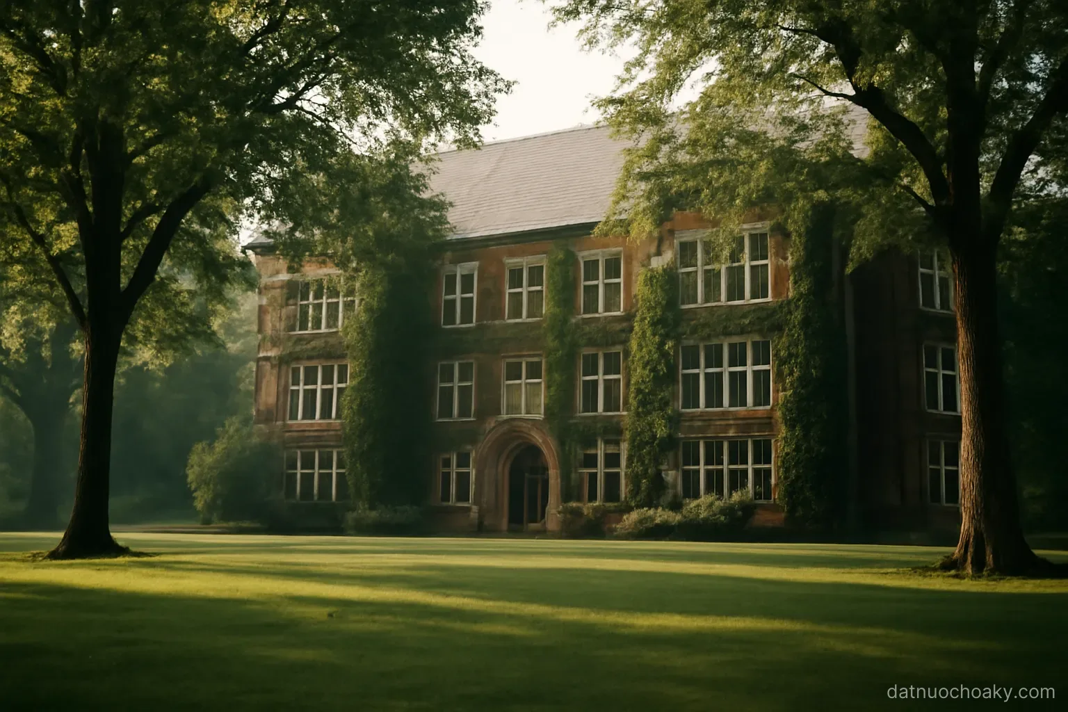 a brick university building with ivy on the walls and a wide lawn in front, tall trees, quiet morning
