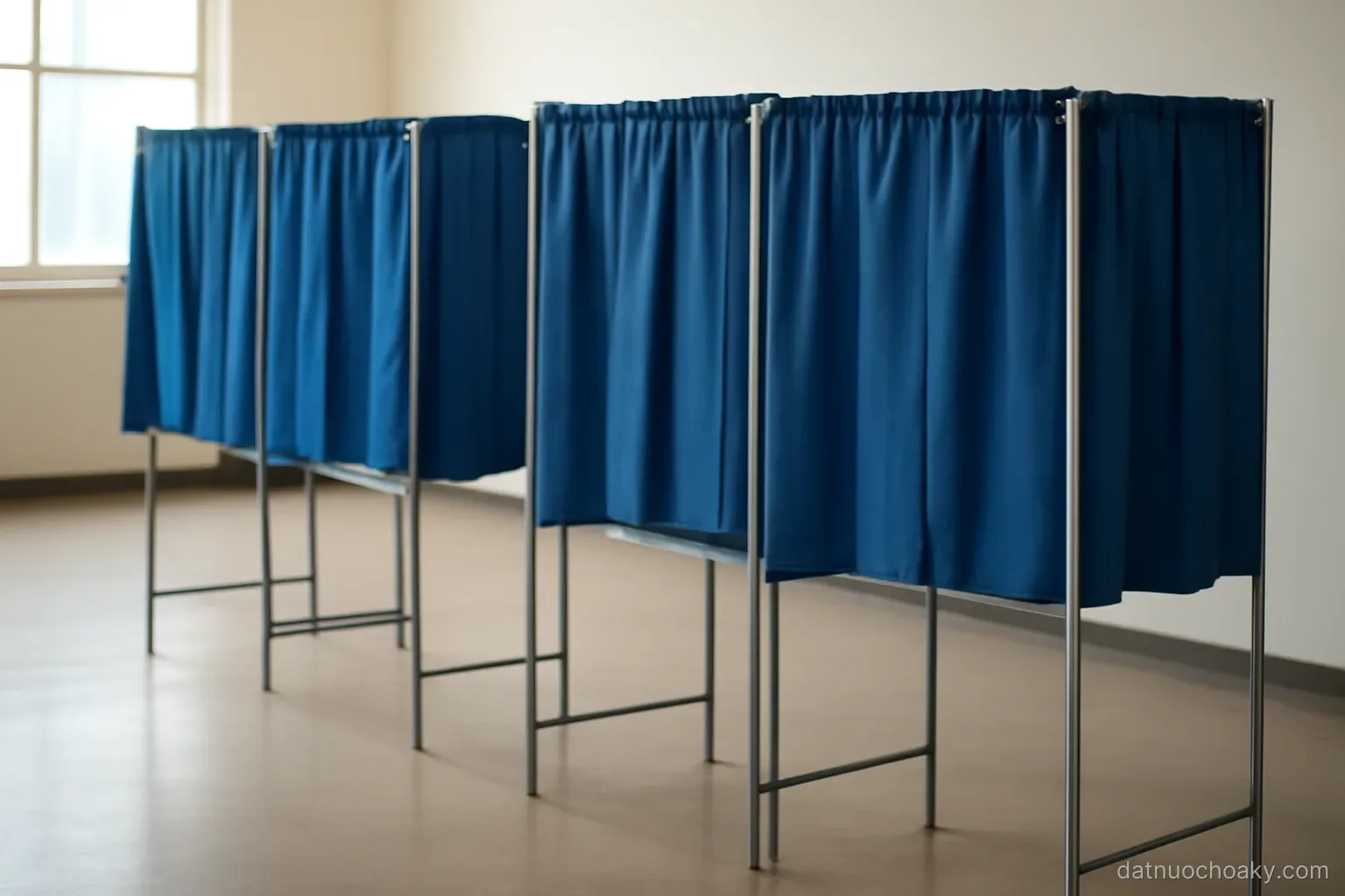 a row of blue privacy voting booths in an empty community hall, plain floor, no people present