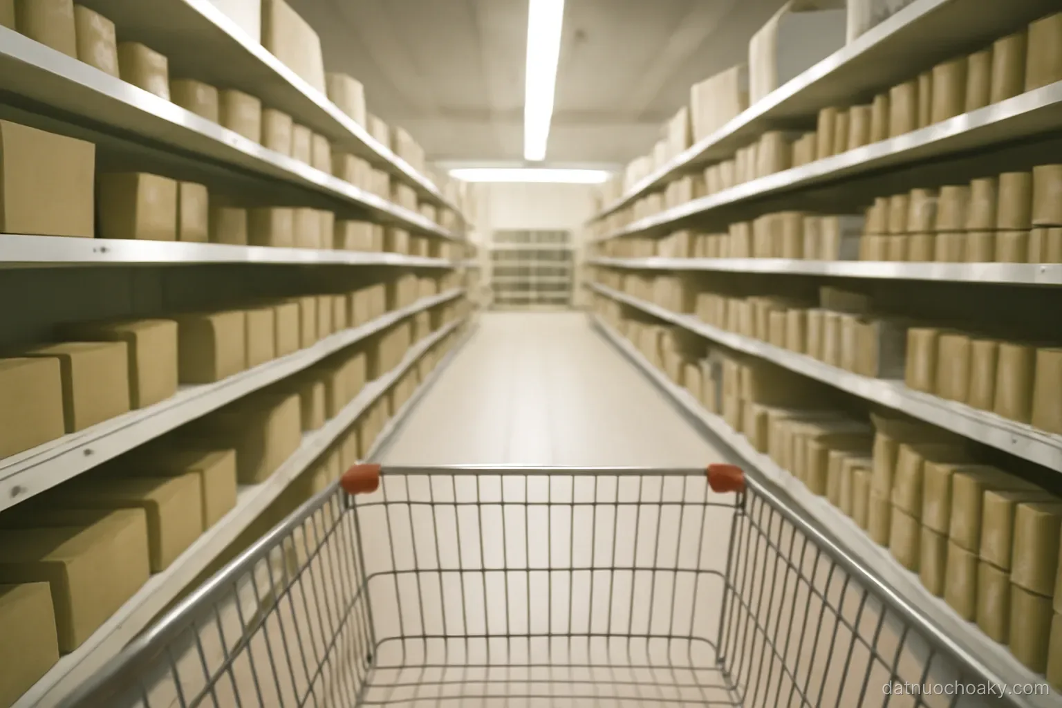 a supermarket aisle with shelves of unlabelled boxes and cans, shopping trolley in the foreground, fluorescent light