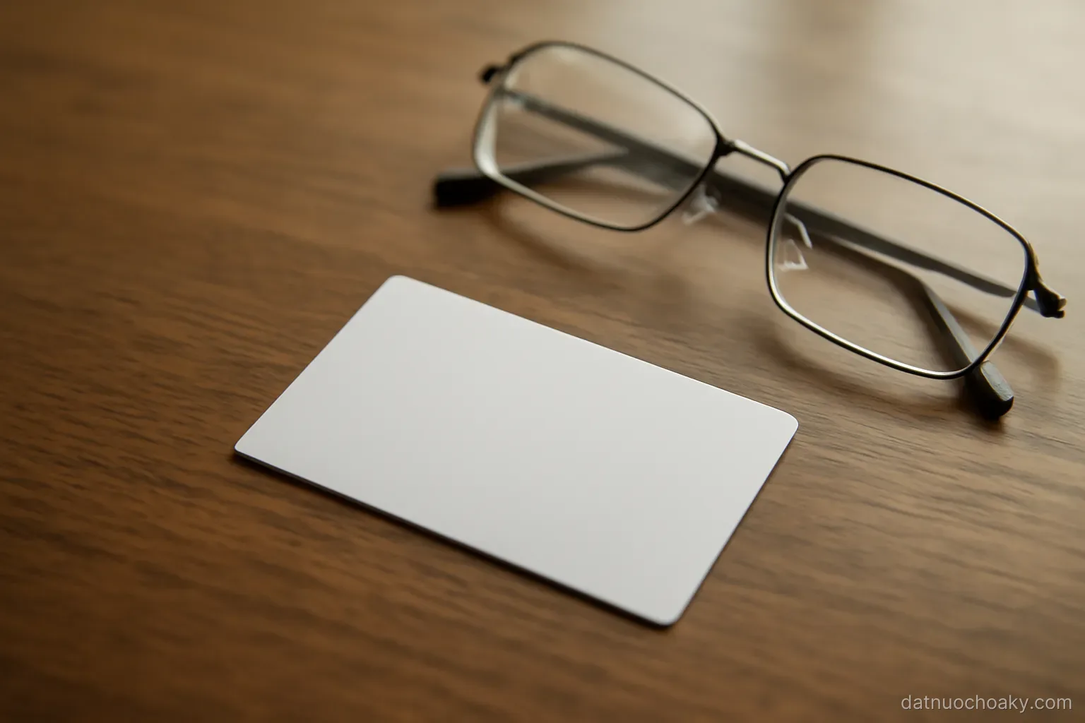 a plain plastic insurance card lying on a wooden table next to a pair of reading glasses, soft daylight