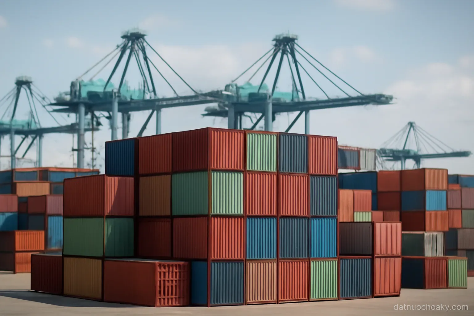 stacked shipping containers at a busy port with cranes in the background, seen from a distance at midday