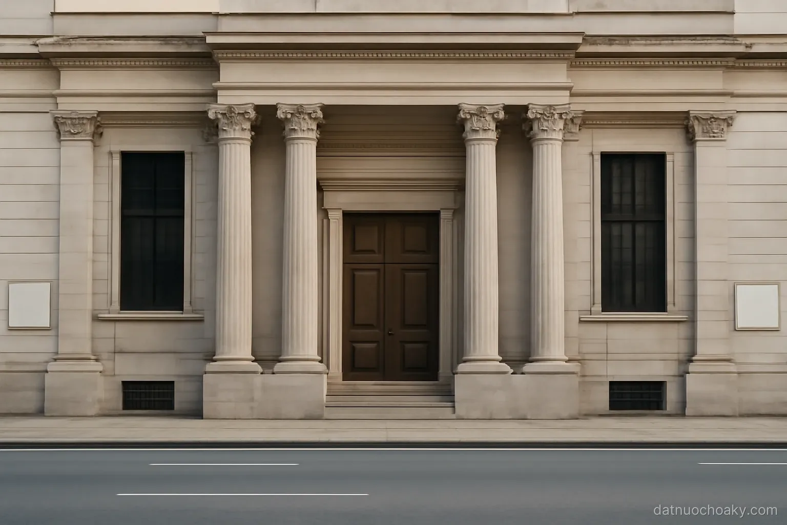 a heavy neoclassical bank building facade with bronze doors, seen straight on from across an empty street