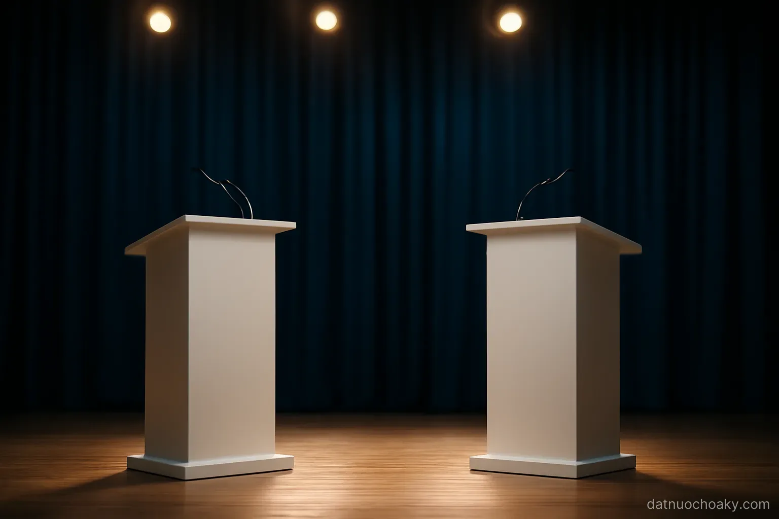 two empty podiums facing each other on a bare stage with dark blue curtains, stage lights from above