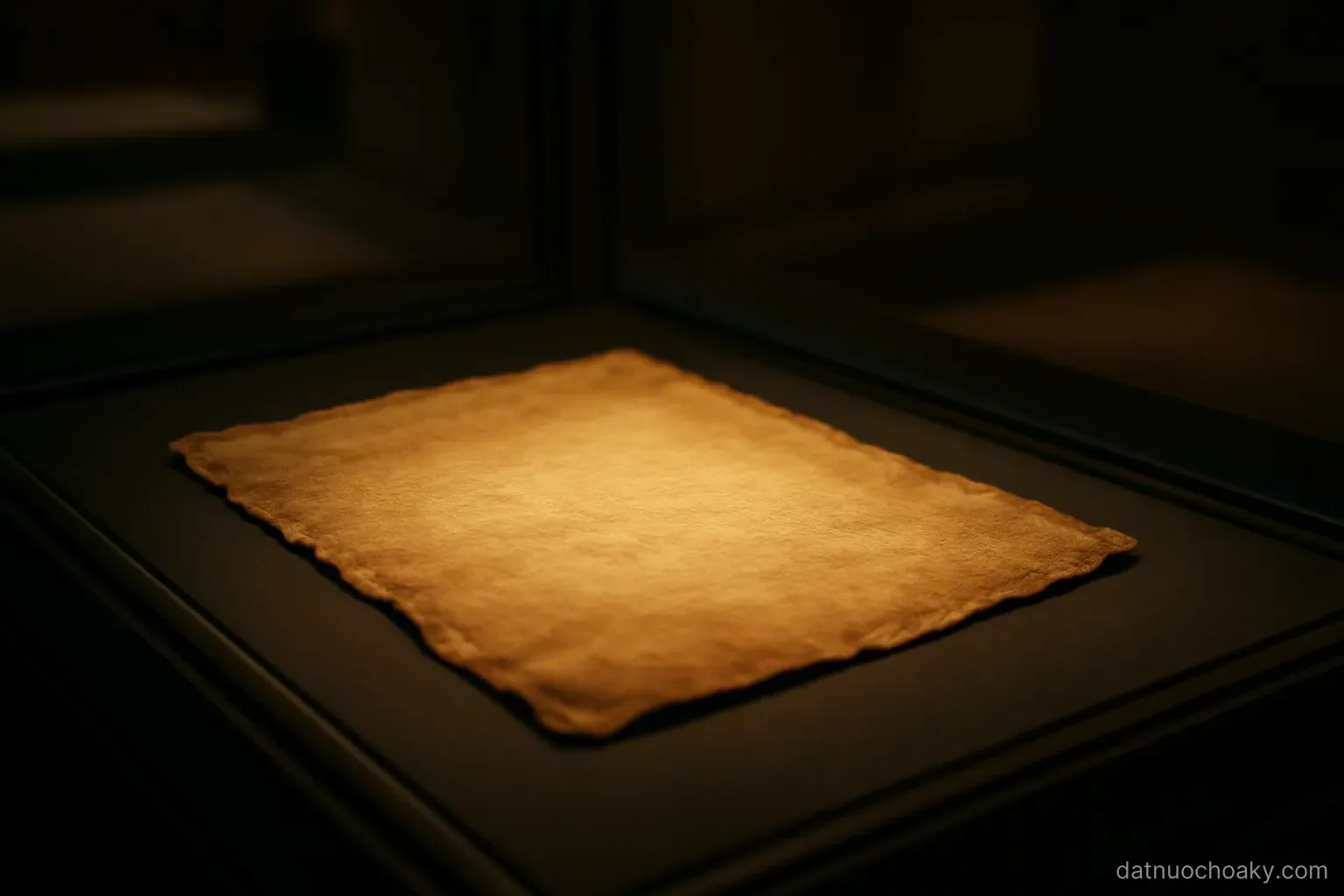 close view of an aged parchment document under glass in a dim museum case, warm spotlight