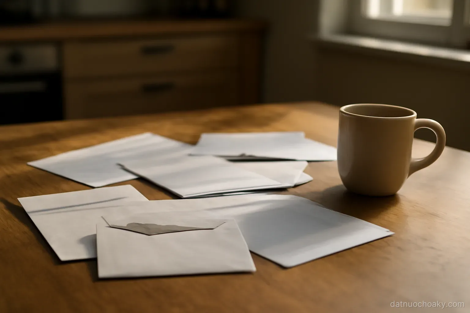 a kitchen table covered with opened envelopes and printed statements, a mug at the edge, morning light