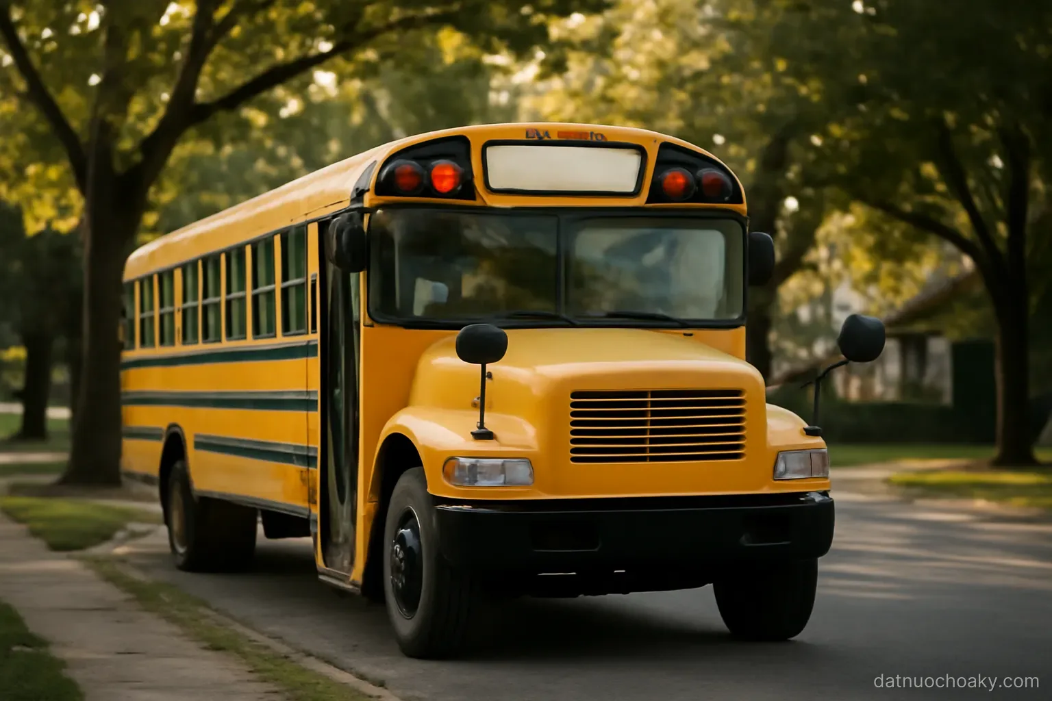 a yellow school bus parked on a quiet residential street lined with trees, no people, afternoon light