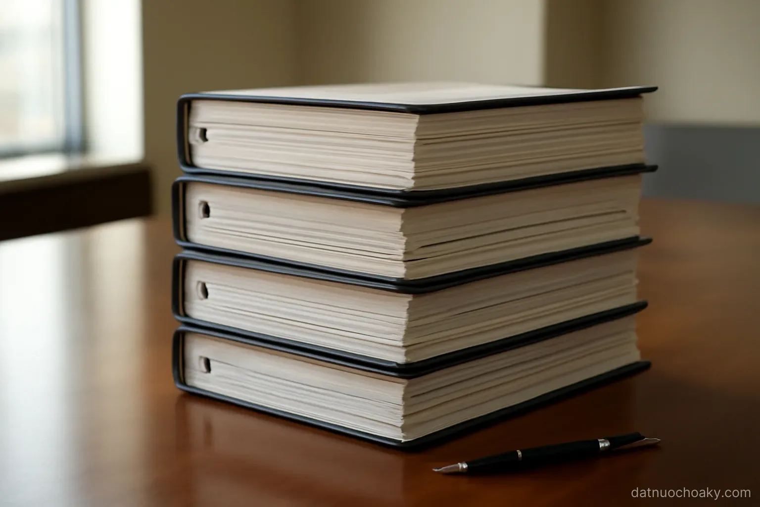a stack of thick document binders and a single pen on a polished conference table, window light from the side