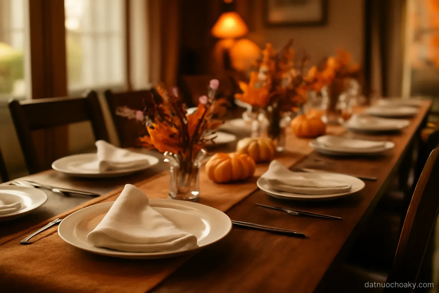 a long dining table set with plates and folded napkins before guests arrive, warm indoor light, autumn tones