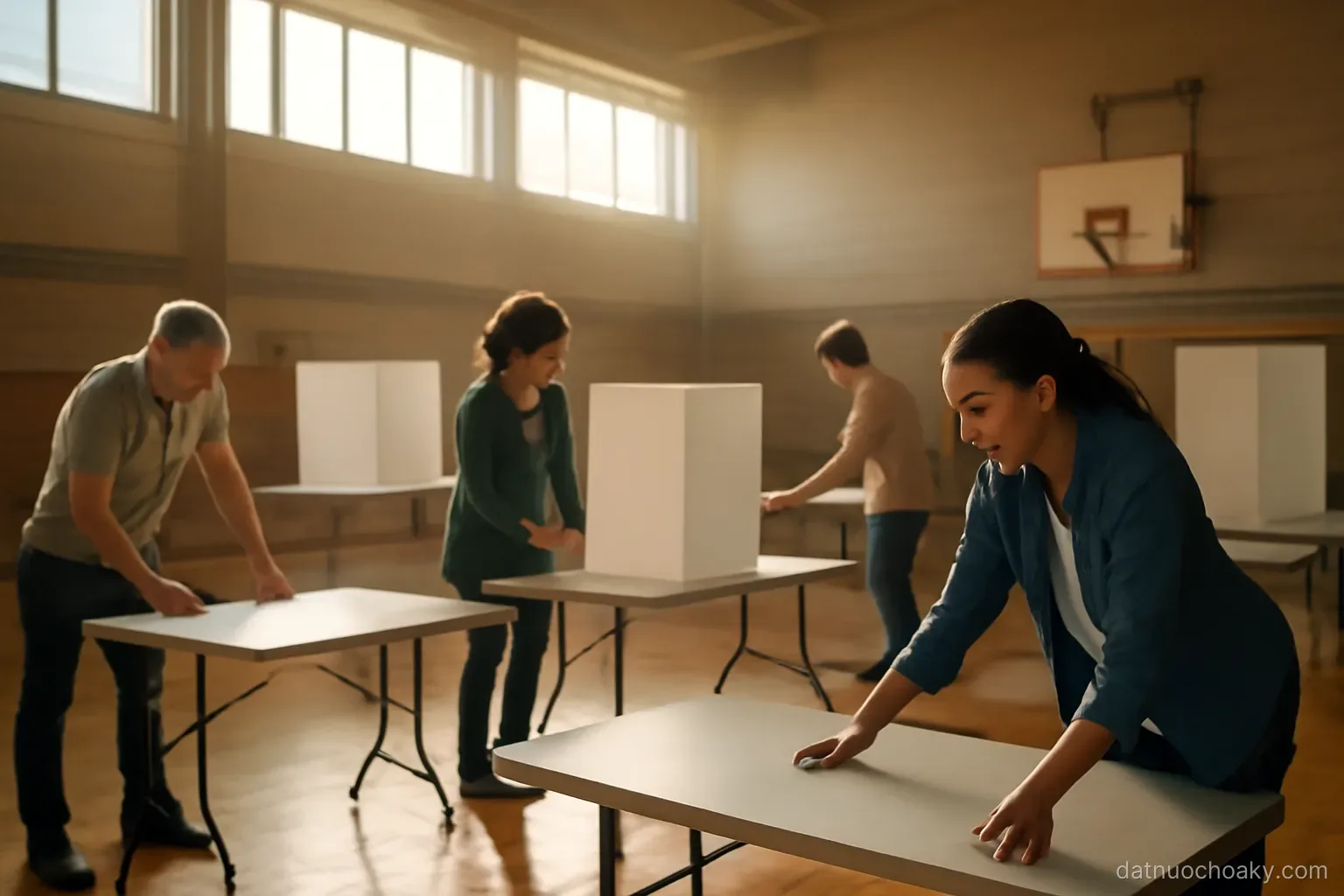 volunteers setting up folding tables and privacy booths inside a school gymnasium, morning light through high windows