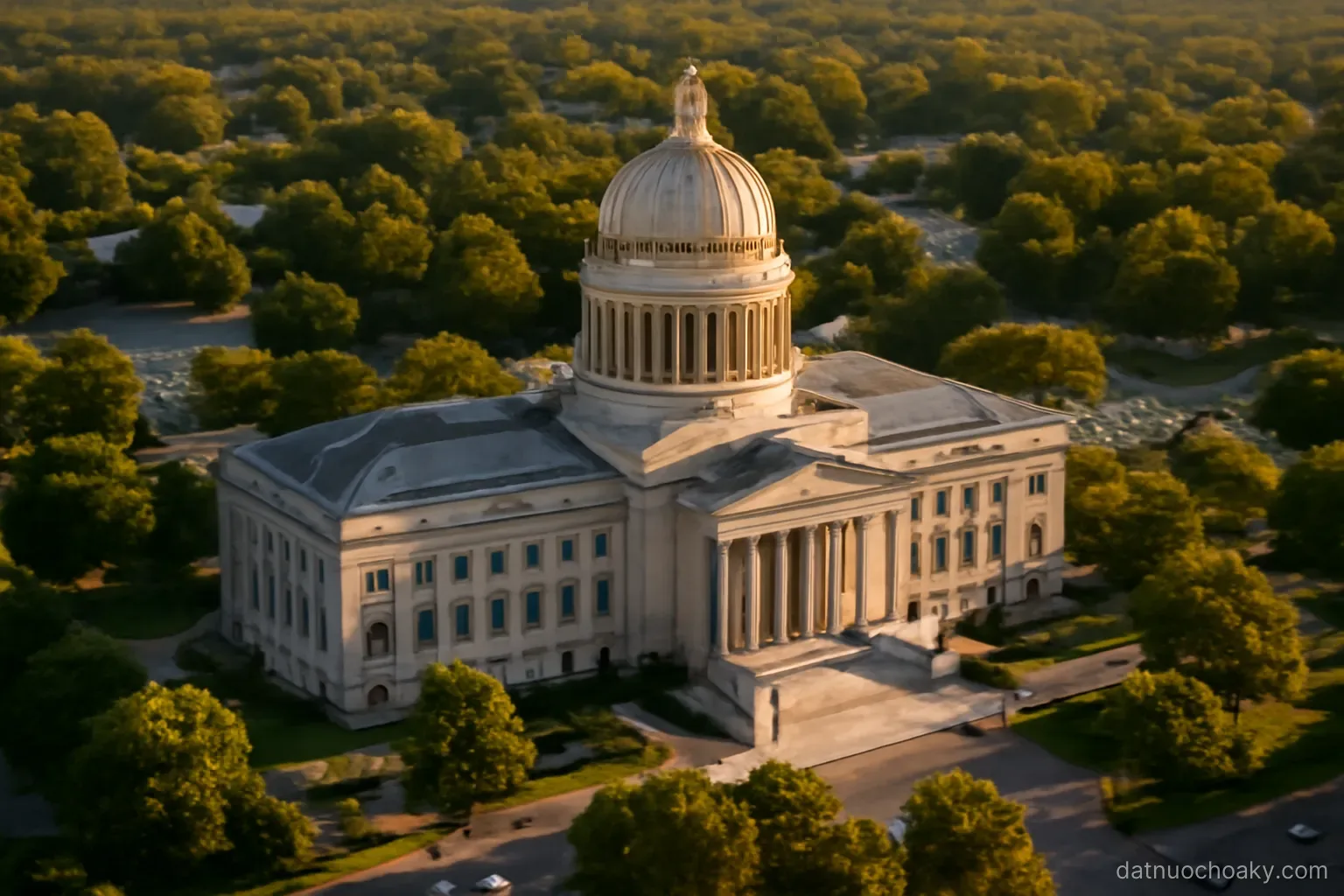 wide aerial view of a state capitol building with a dome, surrounded by trees and parking lots, late afternoon light