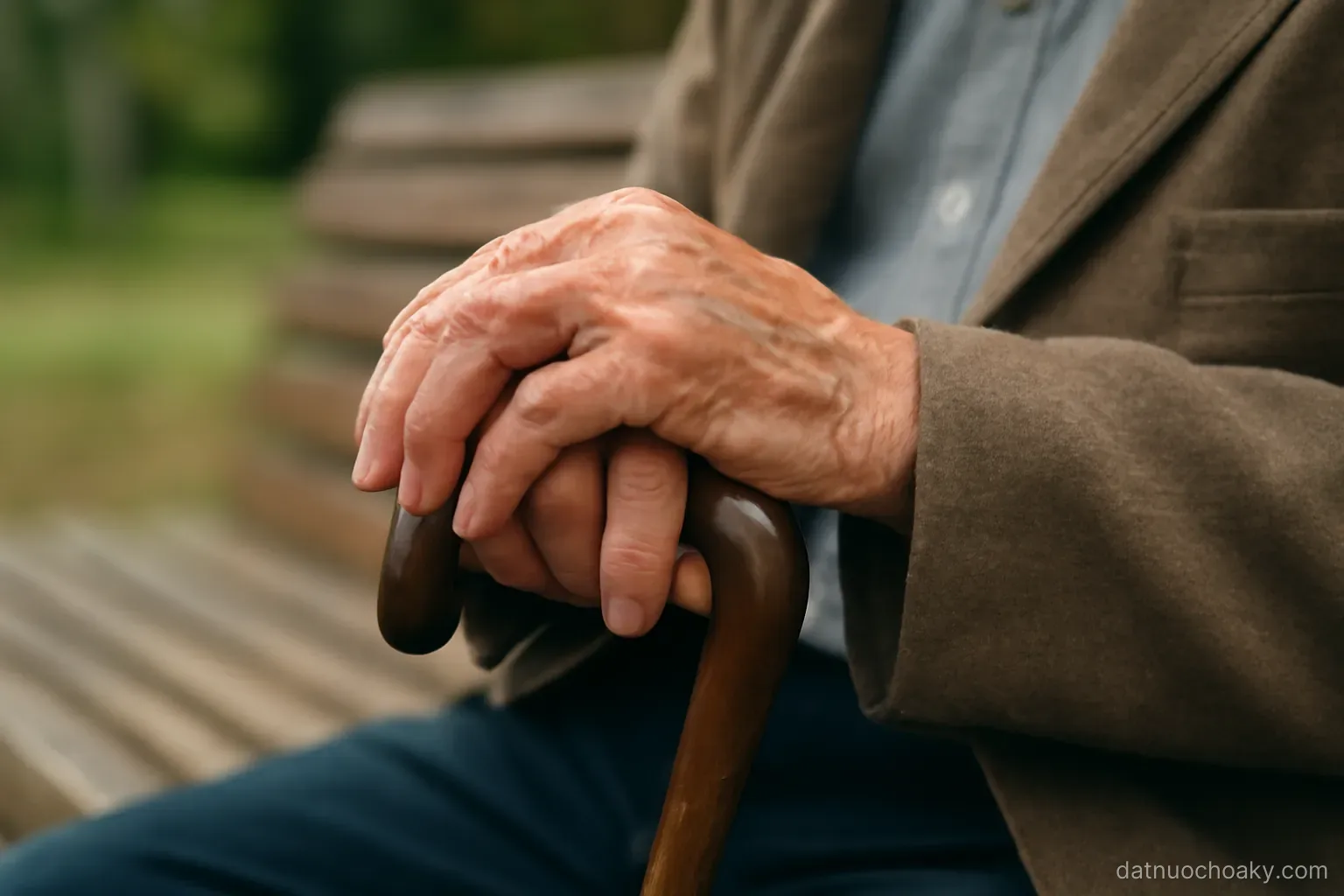 an elderly persons hands resting on a walking cane, seated on a bench, shallow depth of field