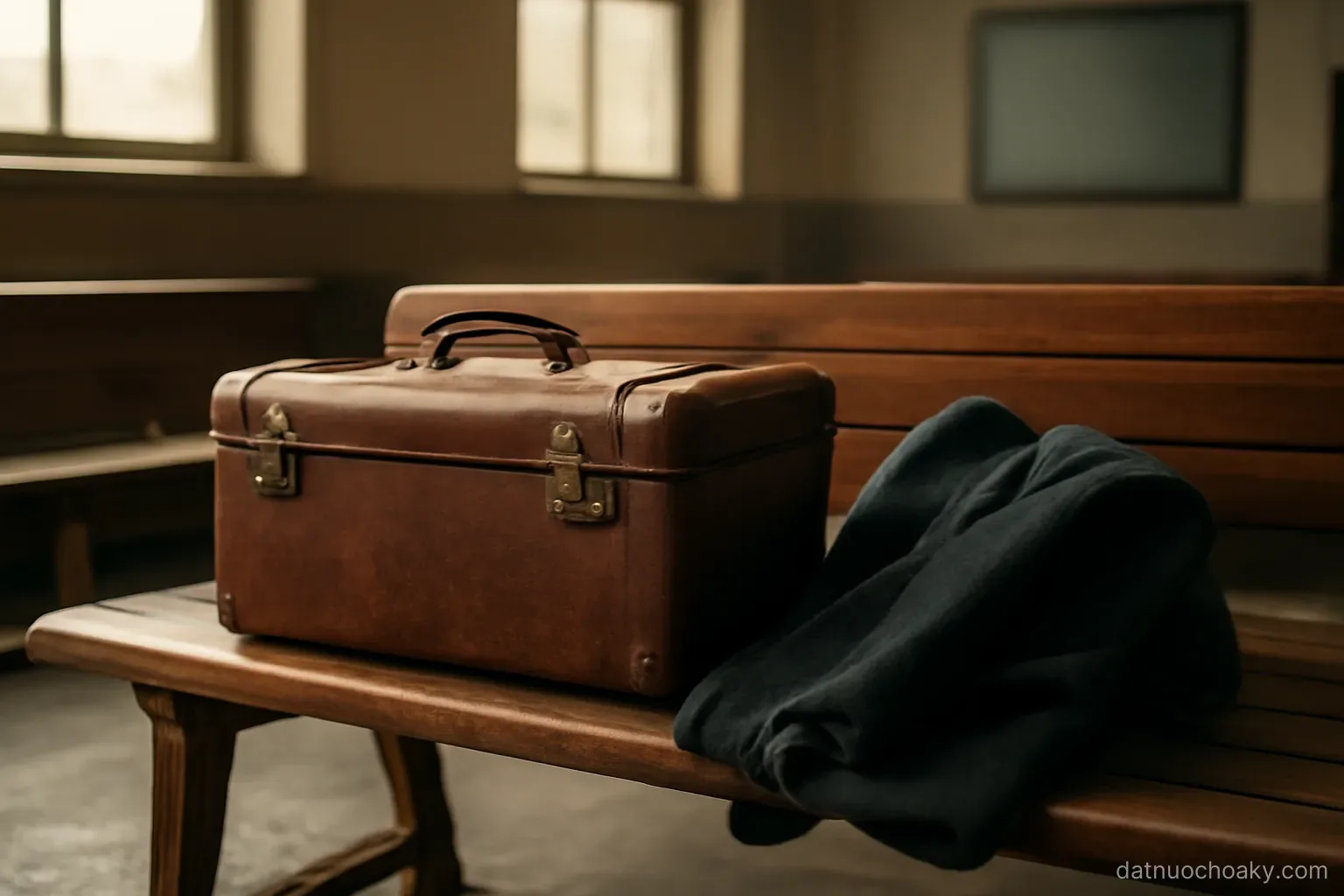 an old suitcase and a folded coat resting on a wooden bench inside an empty waiting hall, window light