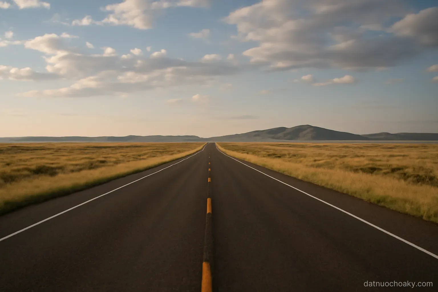 a wide open highway cutting through flat grassland toward distant hills, big sky, late afternoon