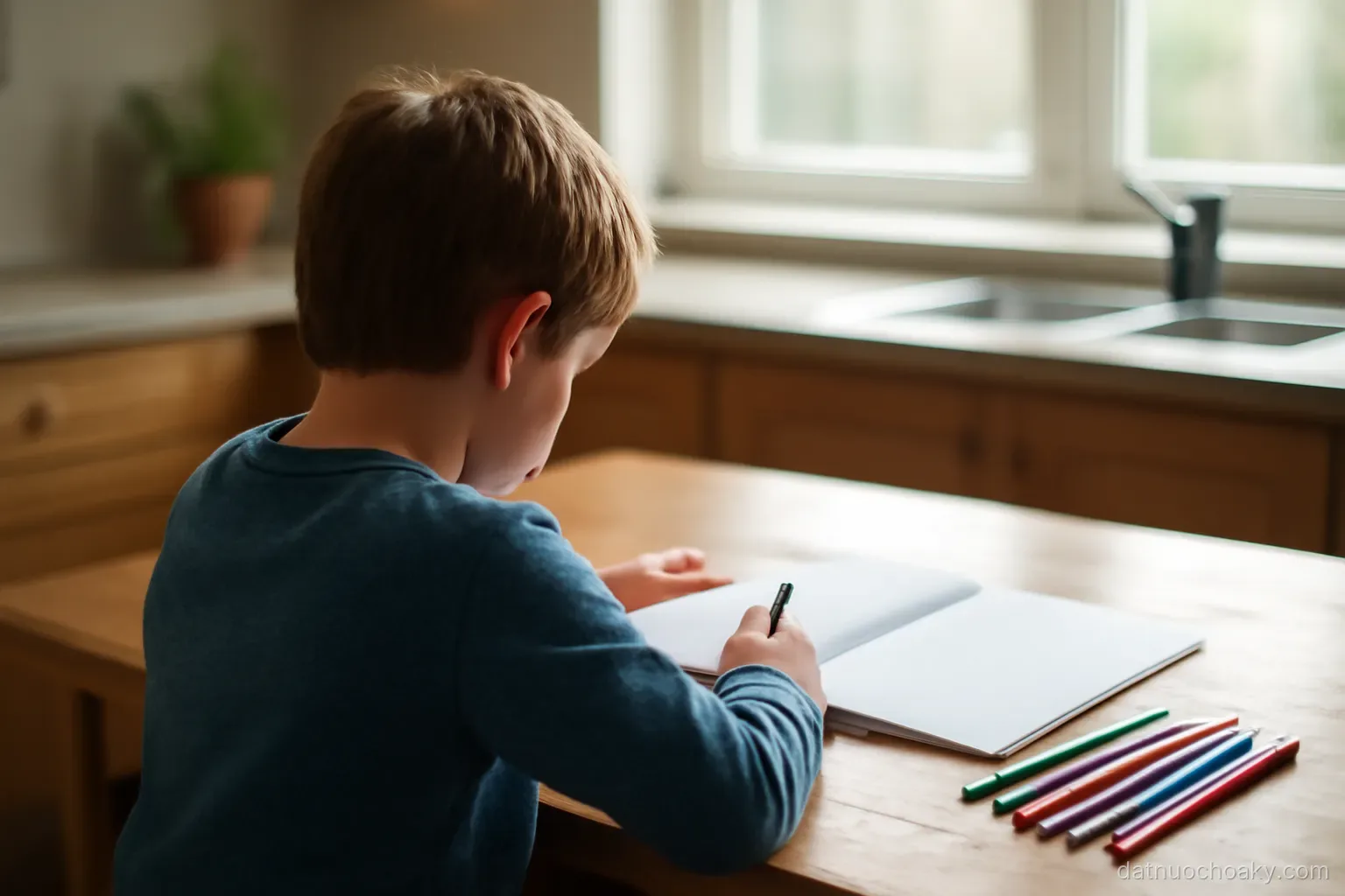 a child sitting at a kitchen table with open workbooks and coloured pencils, seen from behind, window light