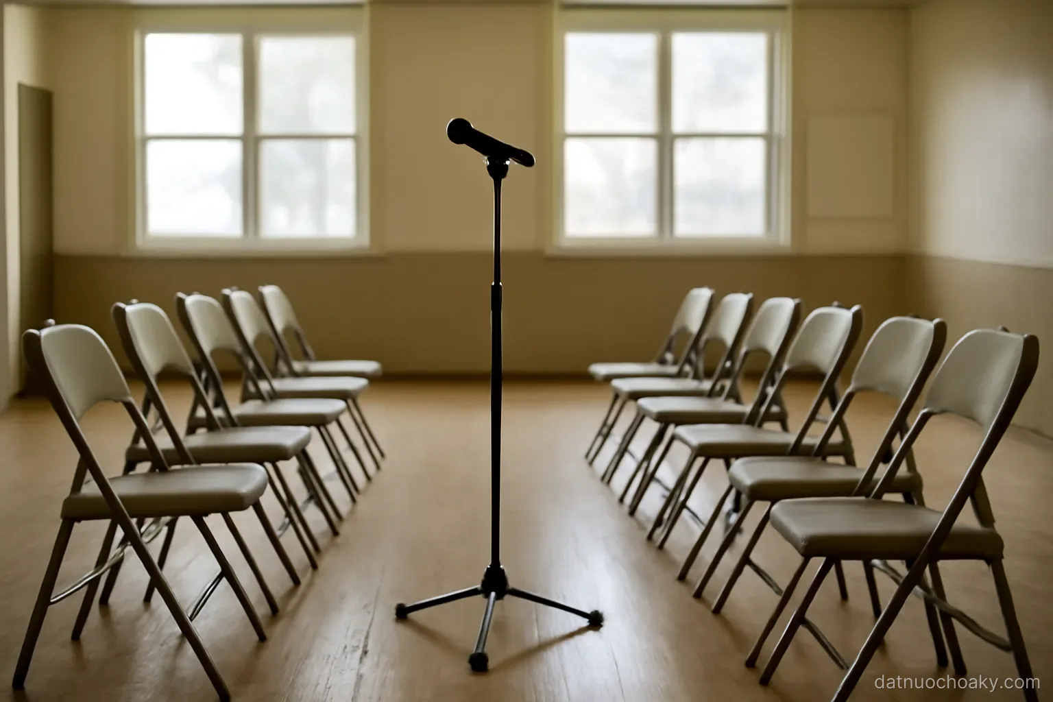 two rows of empty folding chairs facing each other in a community hall, a microphone stand in between