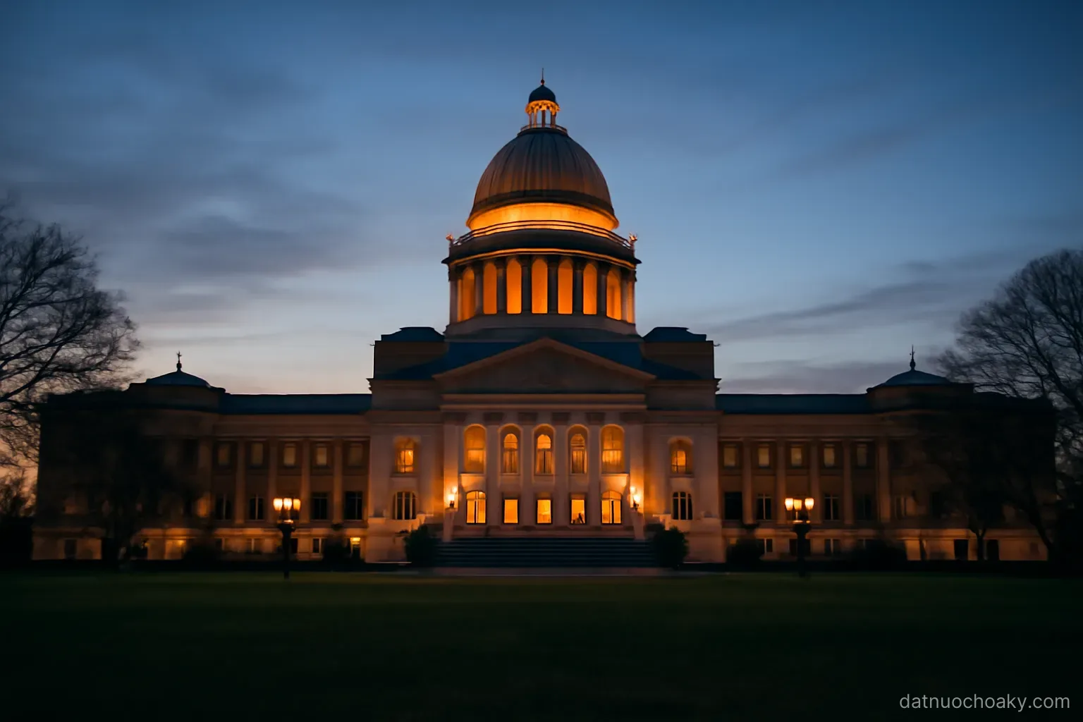 a domed legislative building photographed from a distant lawn at dusk, lights on inside, no people
