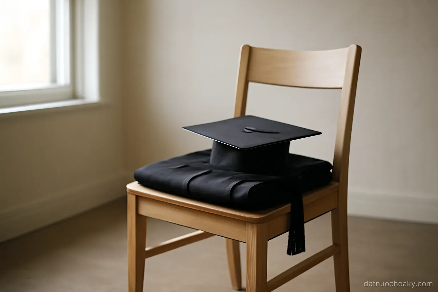 a graduation cap and gown folded on a plain chair in an empty room, window light from one side