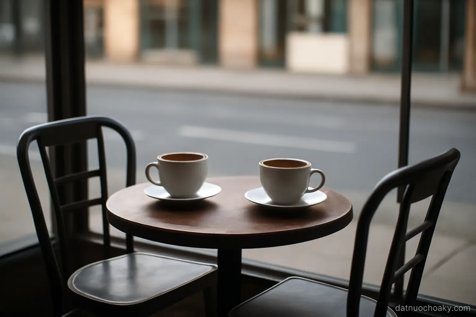 two coffee cups on a small cafe table with two empty chairs facing each other, street visible through glass