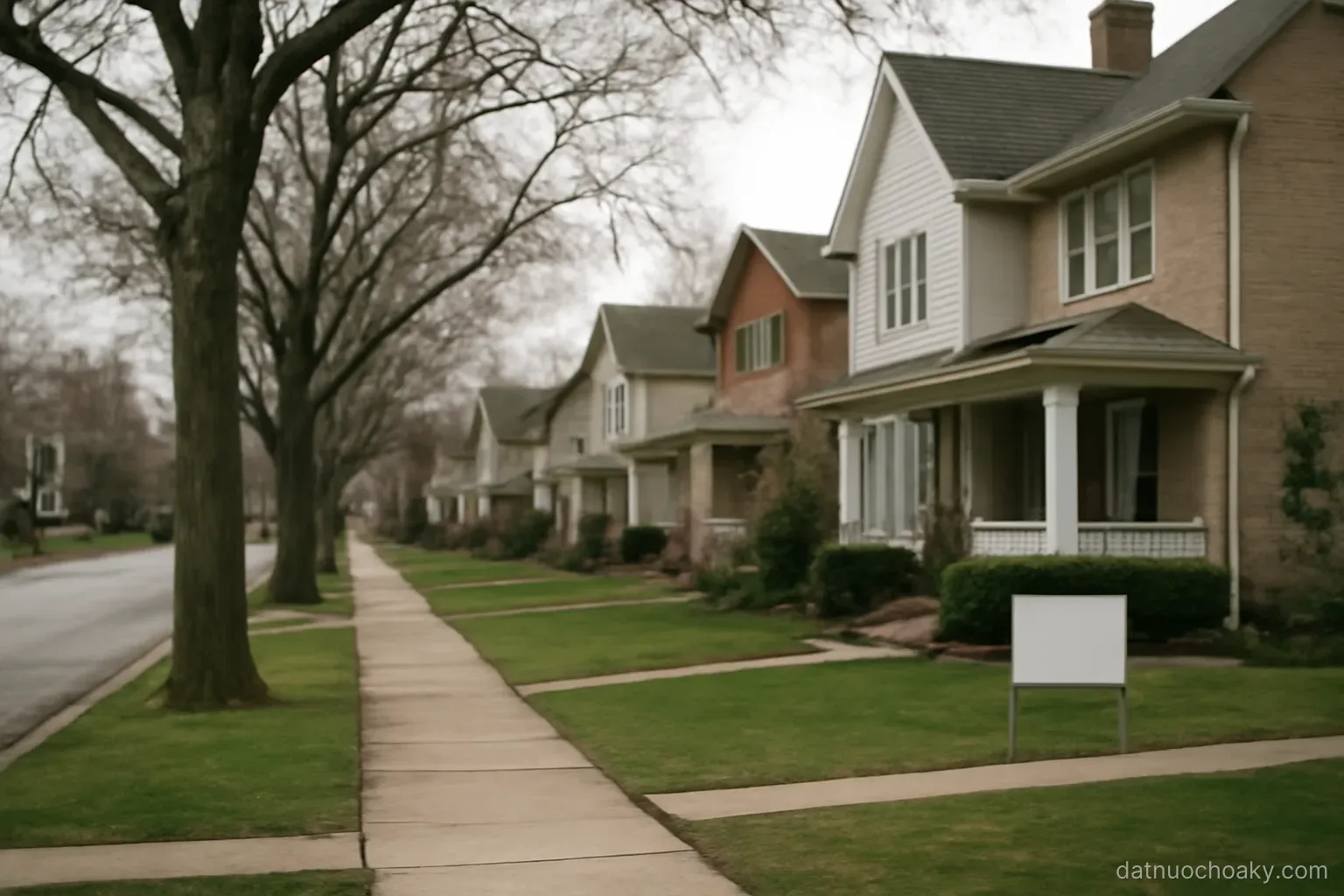 suburban residential street with single family houses, wide sidewalks and mature trees, overcast daylight