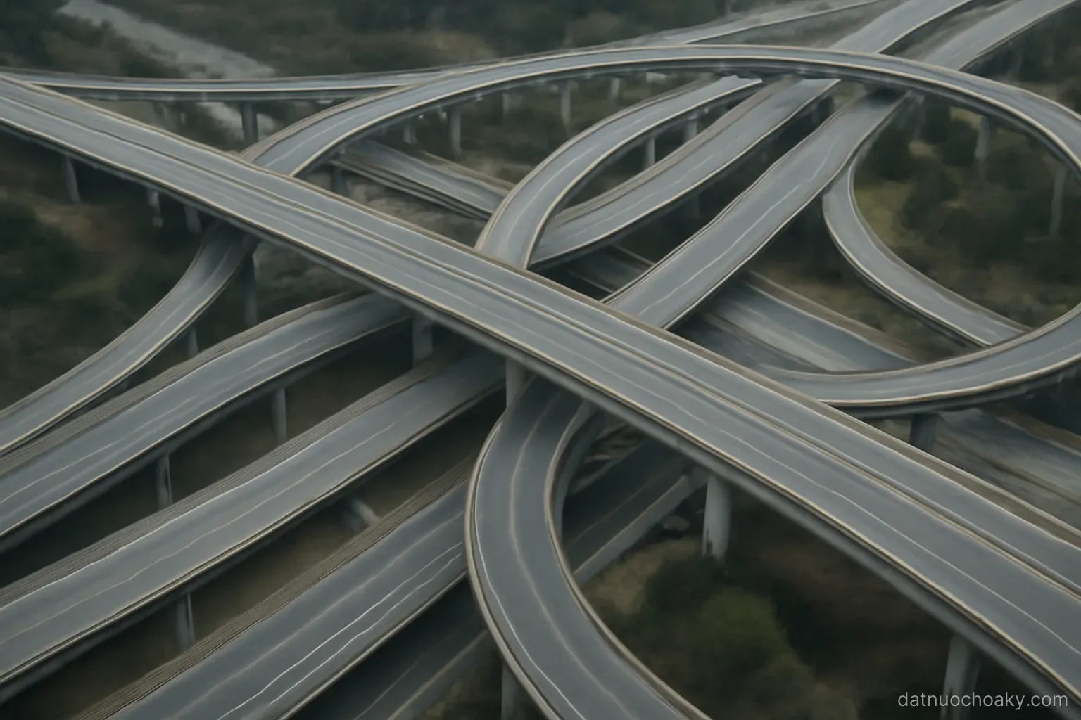 a multi level highway interchange seen from above with curving ramps, no vehicles visible, overcast