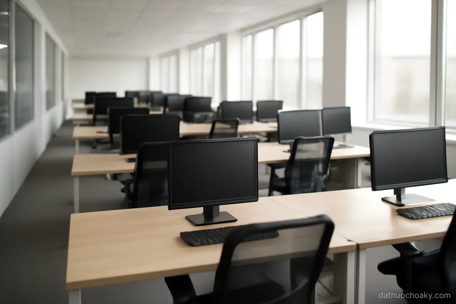 an open plan office with rows of empty desks, chairs pushed in, monitors switched off, daylight from wide windows