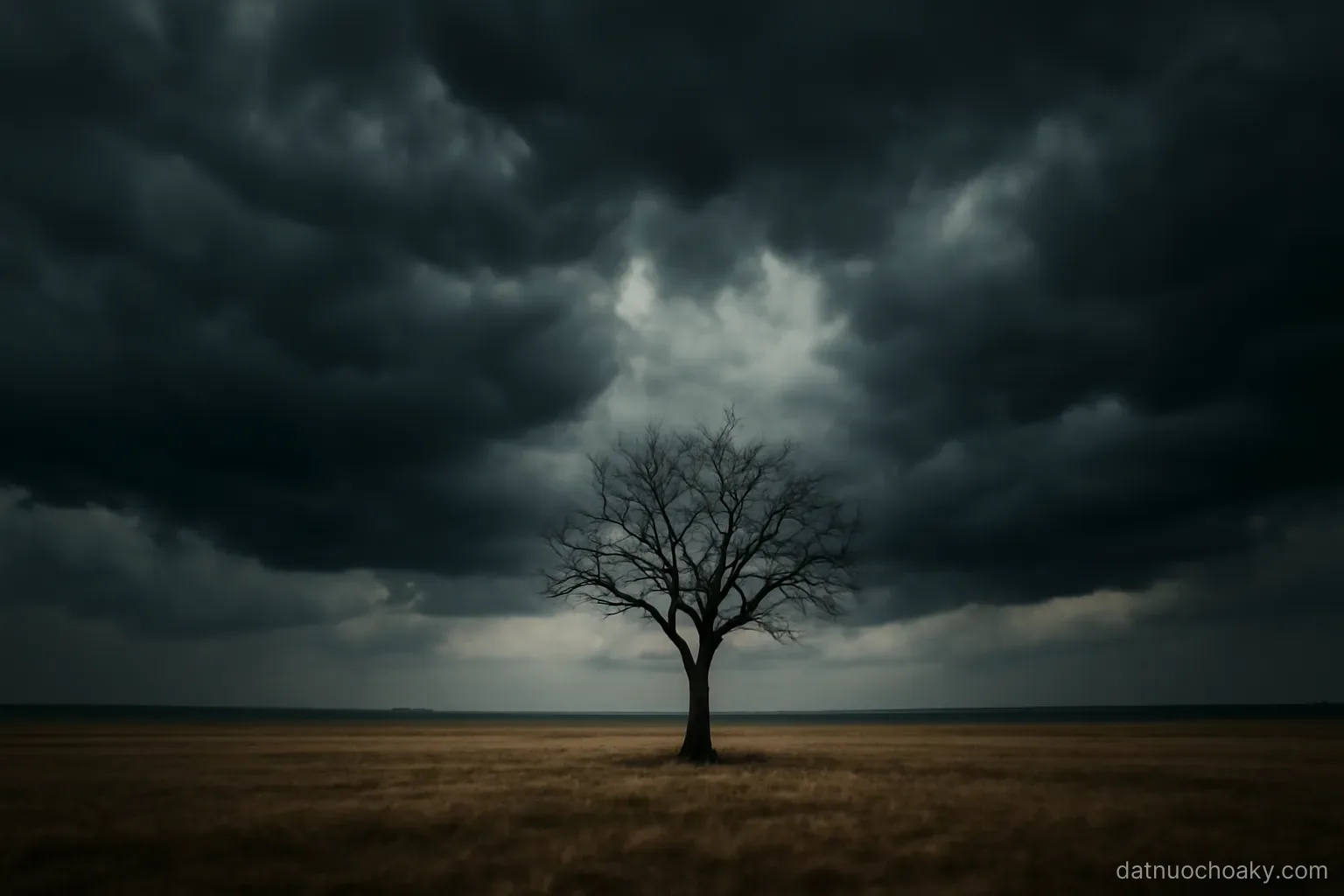 heavy storm clouds gathering over a flat open landscape with a single bare tree, dramatic contrast