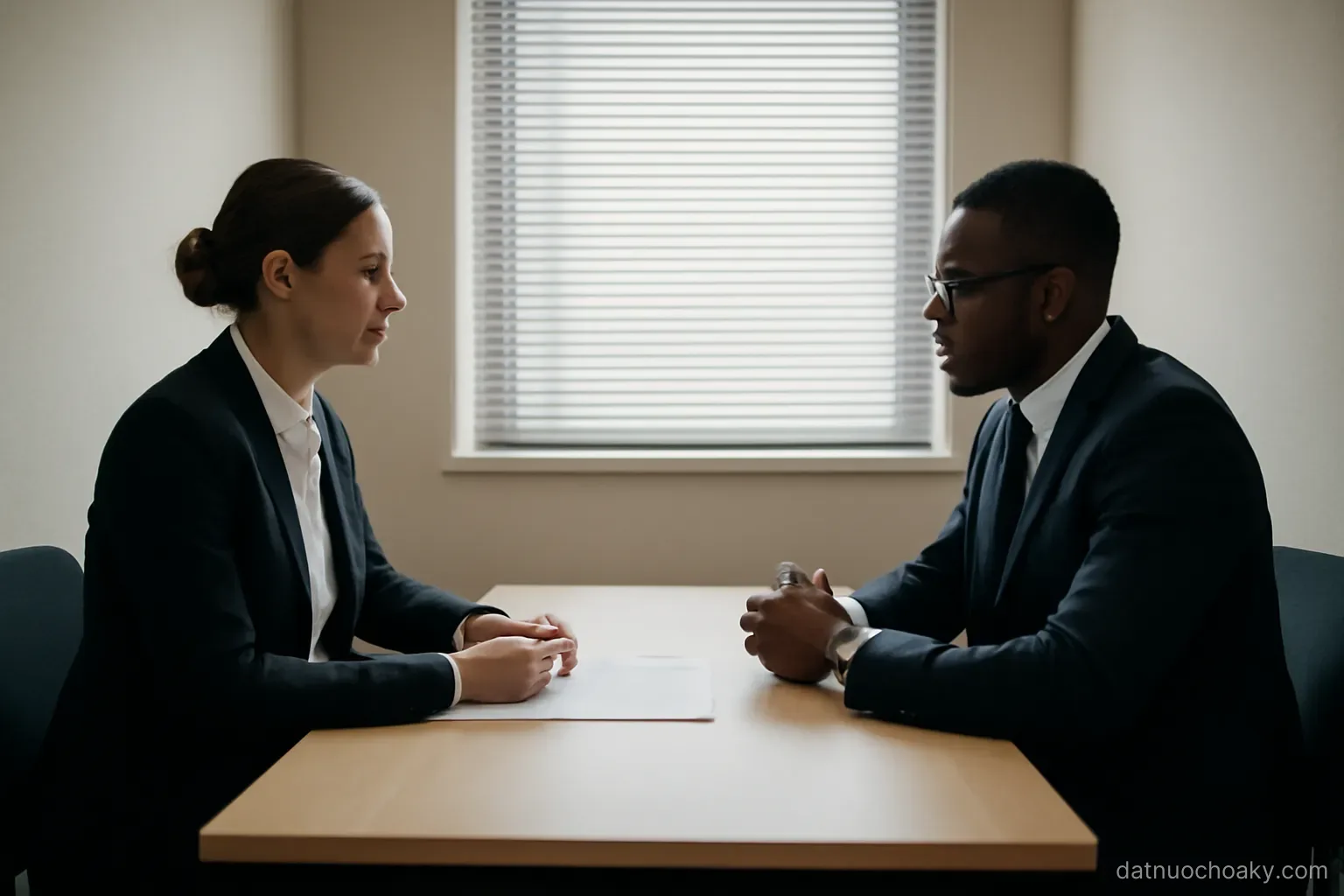 two people in suits seated across a small table in a narrow office, papers between them, blinds half closed