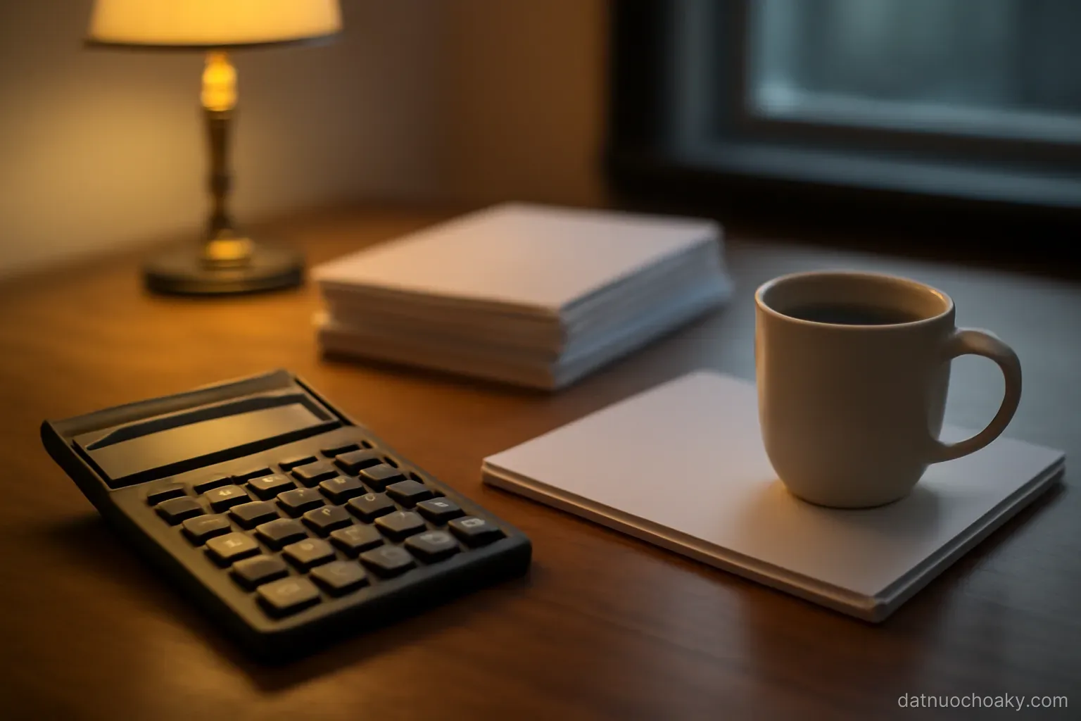 a desk with a calculator, a coffee mug and neat stacks of blank forms, early evening lamp light