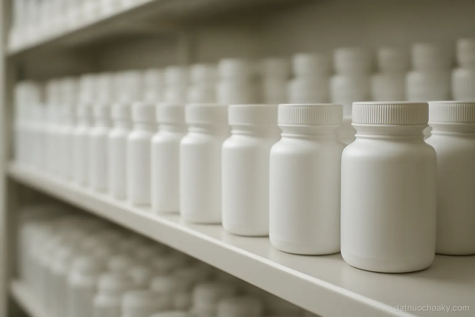rows of identical white pill bottles without labels on a pharmacy shelf, shallow focus, clinical lighting