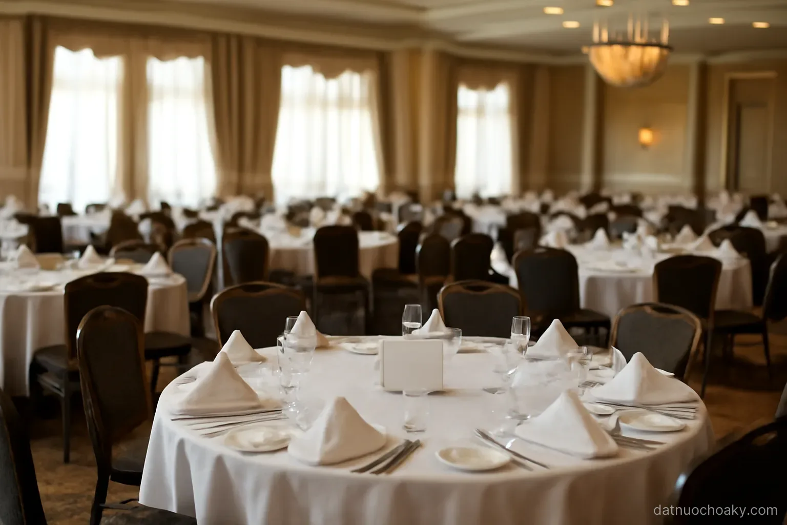 a hotel ballroom set for a fundraising dinner with round tables, folded napkins and empty chairs before guests arrive