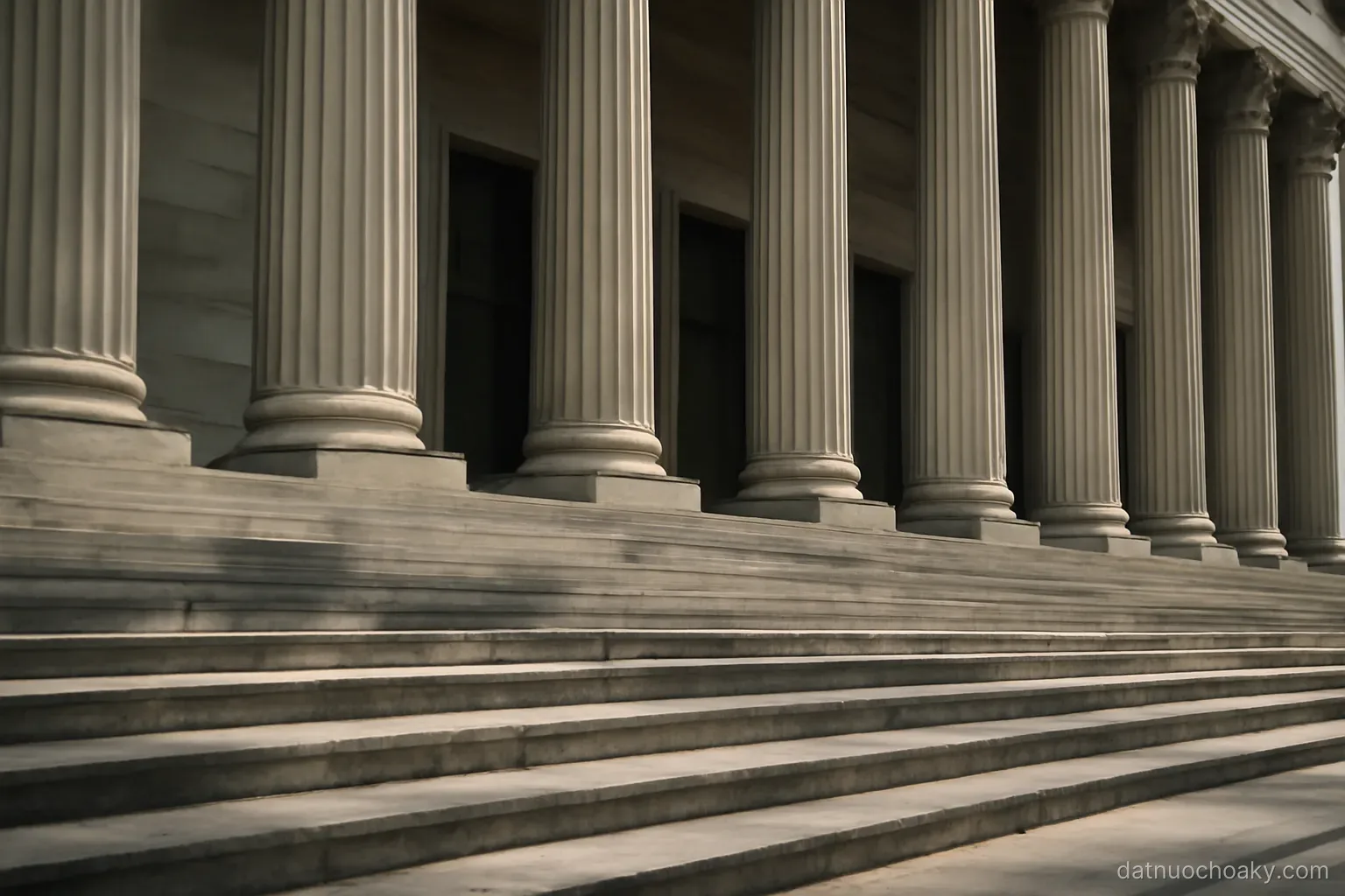 stone courthouse steps with tall columns seen from street level, empty, morning shadows across the stairs
