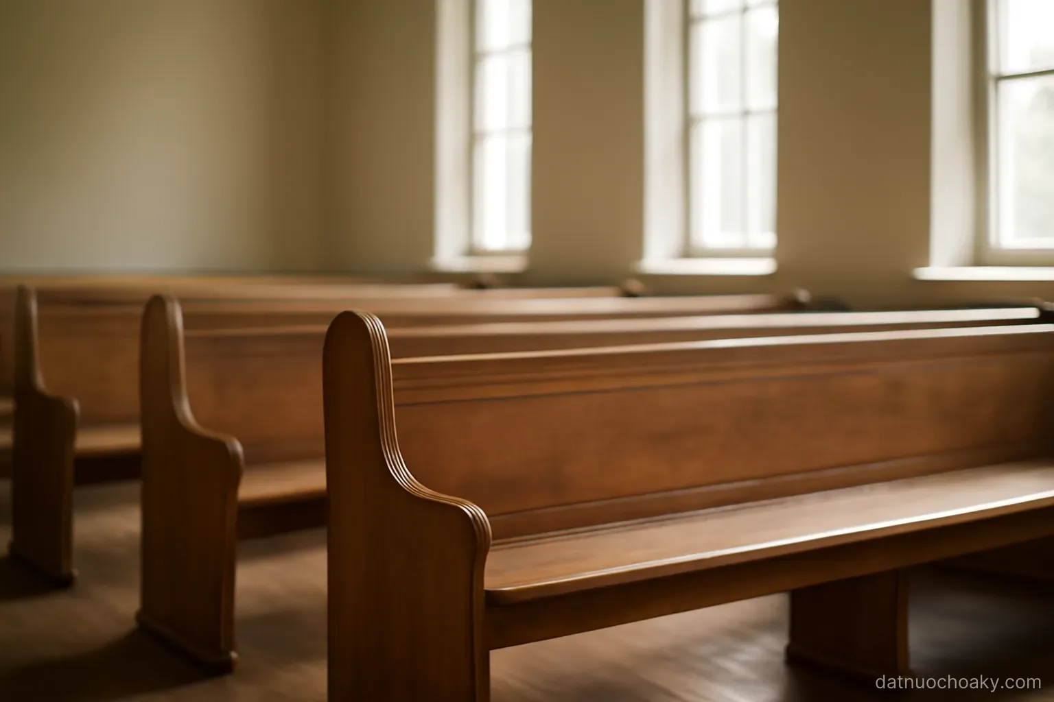a plain wooden pew inside a simple hall with tall clear windows, empty seats, soft morning light