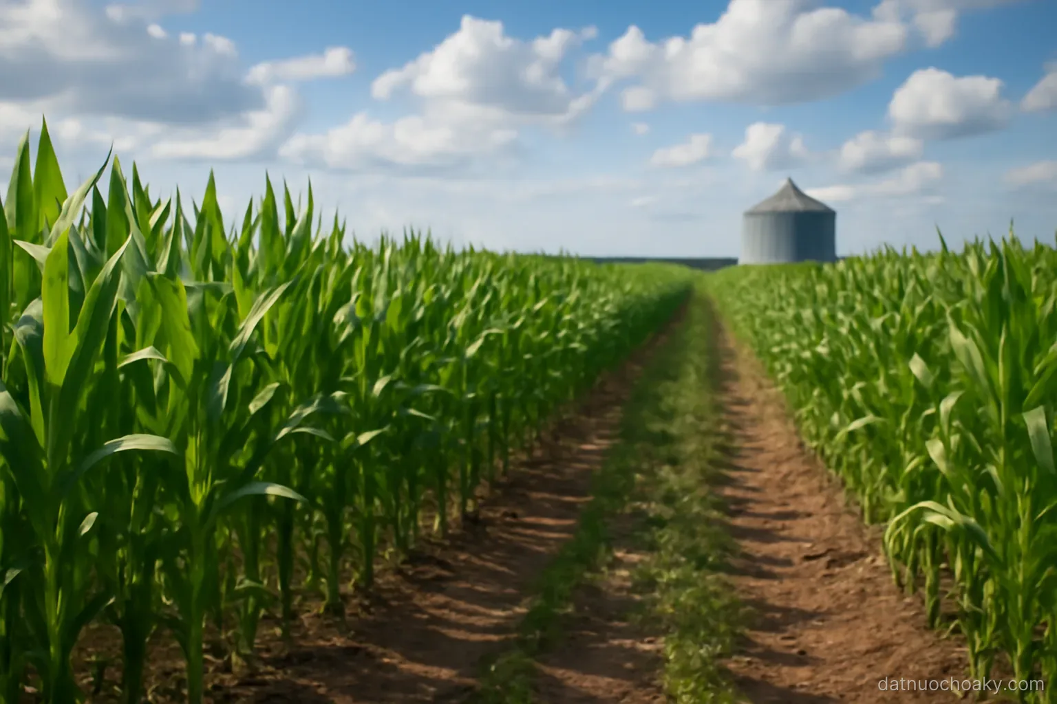 rows of tall crops stretching to the horizon under a partly cloudy sky, a grain silo far in the distance