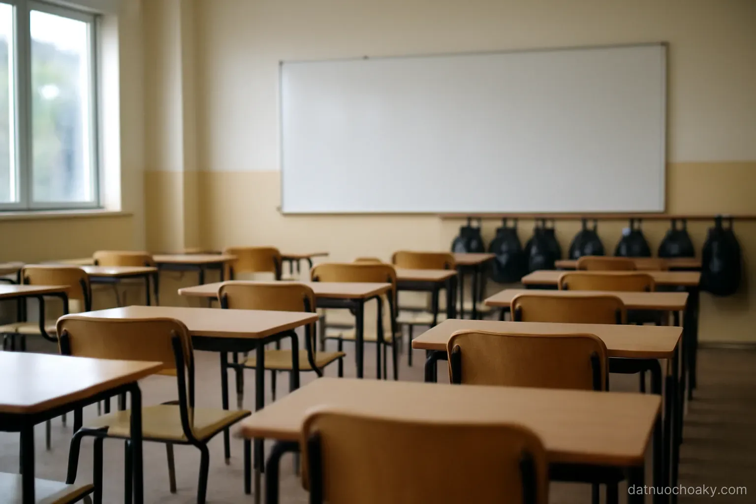 an empty classroom with rows of desks and a blank whiteboard, backpacks hanging on hooks along the back wall