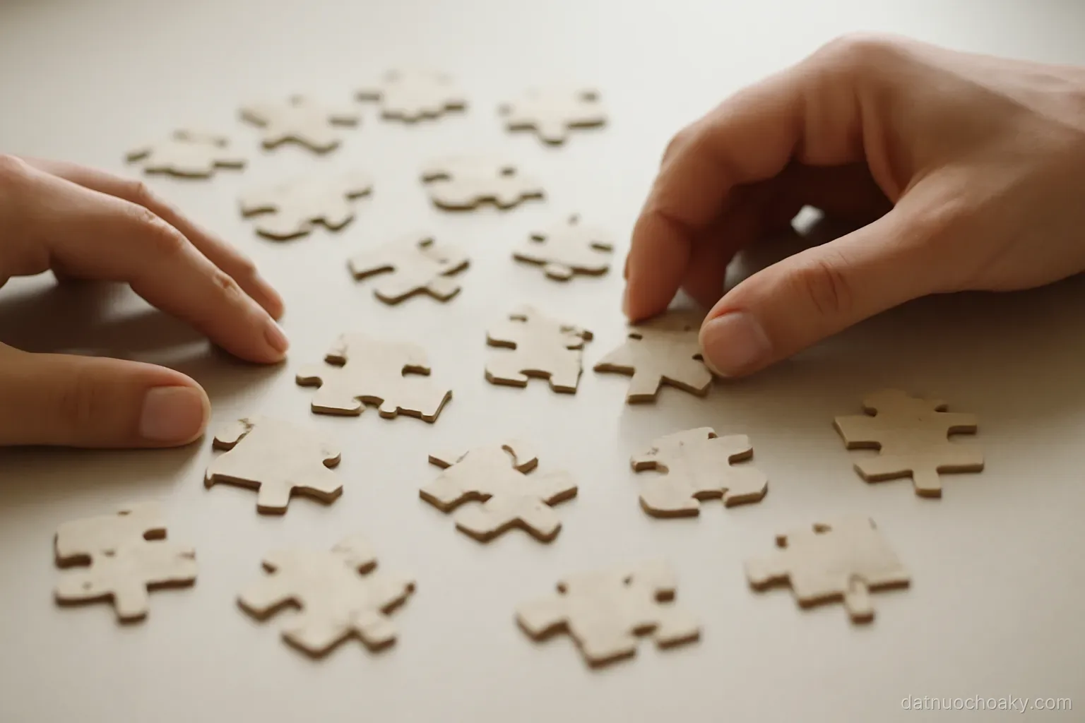 hands arranging irregular jigsaw pieces on a plain table, only the pieces and hands visible, soft even light