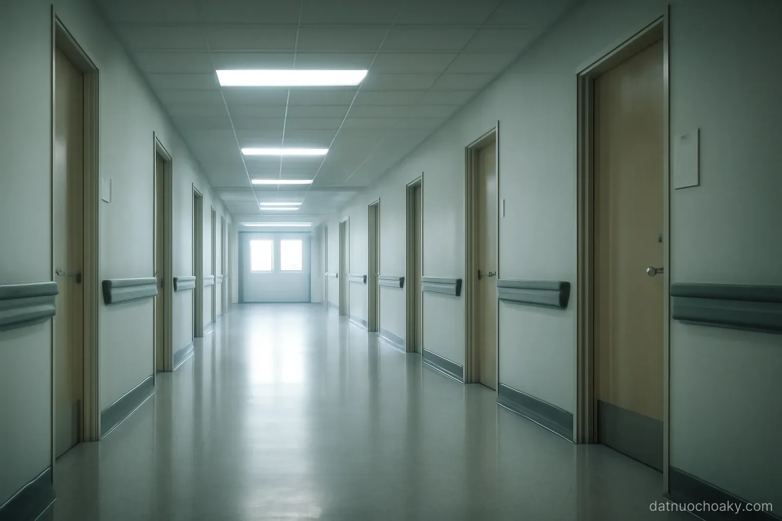 a long empty hospital corridor with handrails along the walls and closed doors, cool overhead lighting