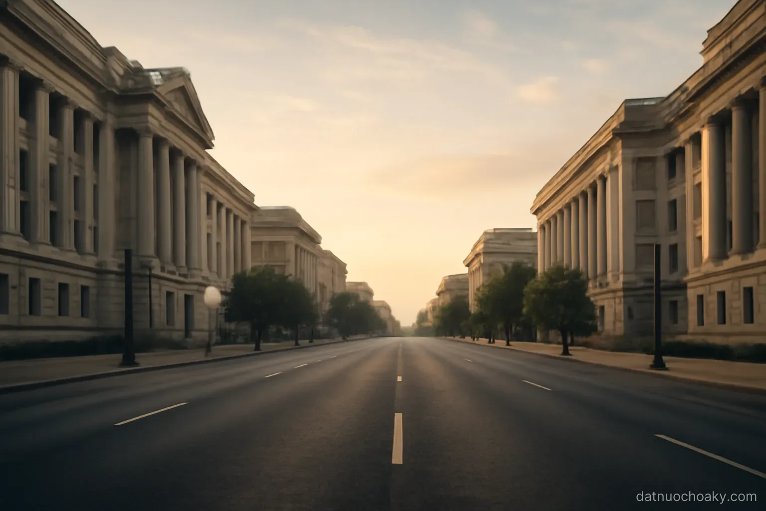 a broad ceremonial avenue lined with neoclassical government buildings, viewed from a low angle at dawn